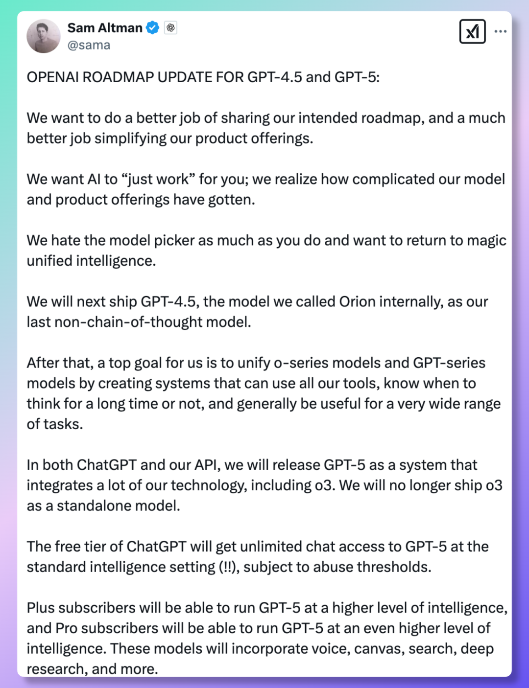 OpenAI公布GPT 5最新路线图 以及将解除模型限制 可回答各种敏感话题，甚至是....