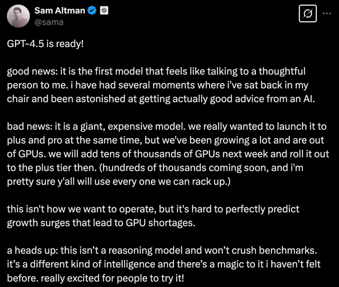 OpenAI 重磅发布 GPT4.5,更像人了!Karpathy一手评测:有惊喜但提升微妙