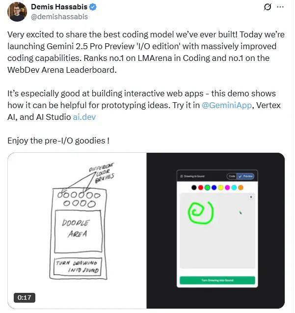AI编程模型领域迎新王？谷歌发布Gemini 2.5 Pro I/O，单条文本提示即可生成完整应用